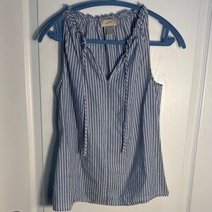LOFT Blue and White Striped Sleeveless Tie Neck Cotton Shirt Size S